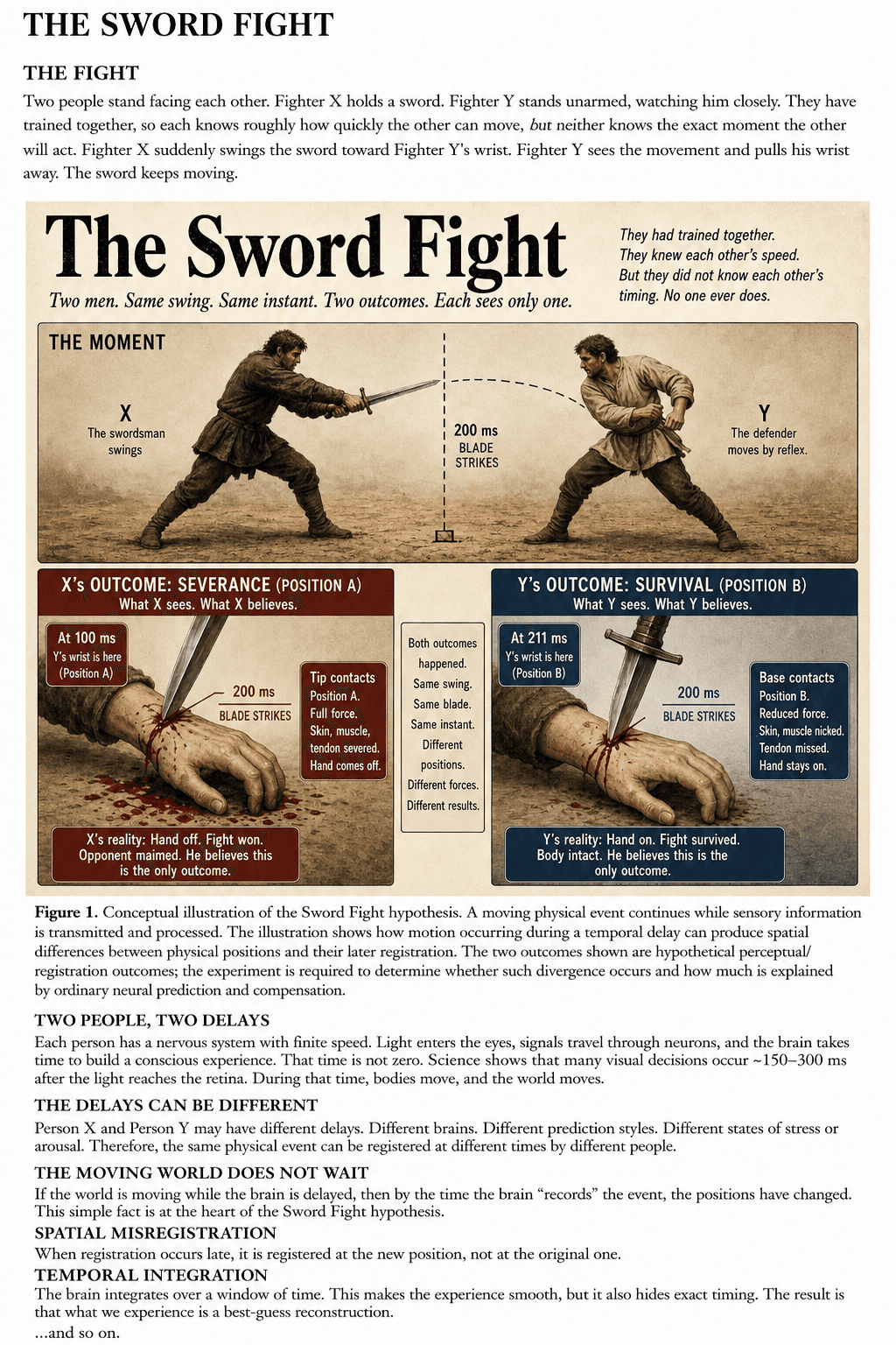 Figure 1 of the main paper — conceptual illustration of the Sword Fight hypothesis: one swing, two registered outcomes.
